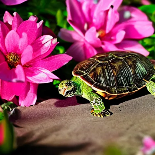 Image similar to a picture of a turtle hugging a flower, vivid colours, depth of field, 50mm