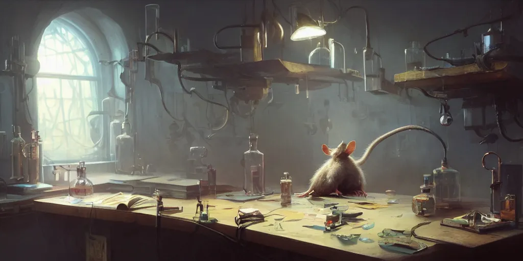 Image similar to rat sitting on a desk in a laboratory with lots of flasks filled with magic liquids and poisonous fog, stephen bliss, unreal engine, fantasy art by greg rutkowski, loish, rhads, ferdinand knab, ilya kuvshinov, rossdraws, tom bagshaw, global illumination, radiant soft light, detailed and intricate environment