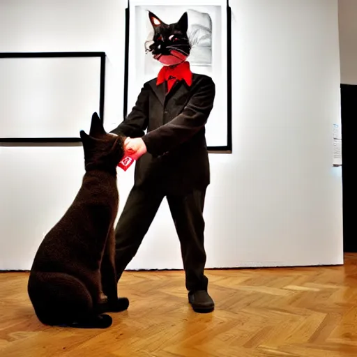 Prompt: postman pat in an art gallery with his cat jess, white gallery, performance art, contemporary, photorealistic