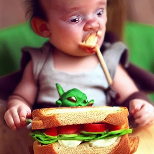 Prompt: a baby yoda eating delicious sandwich