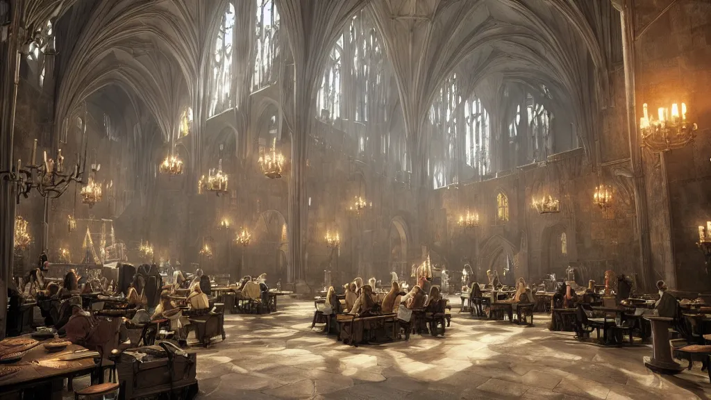 Image similar to hogwarts cinematic great hall art, detailed epic illustration, darek zabrocki, unreal engine,