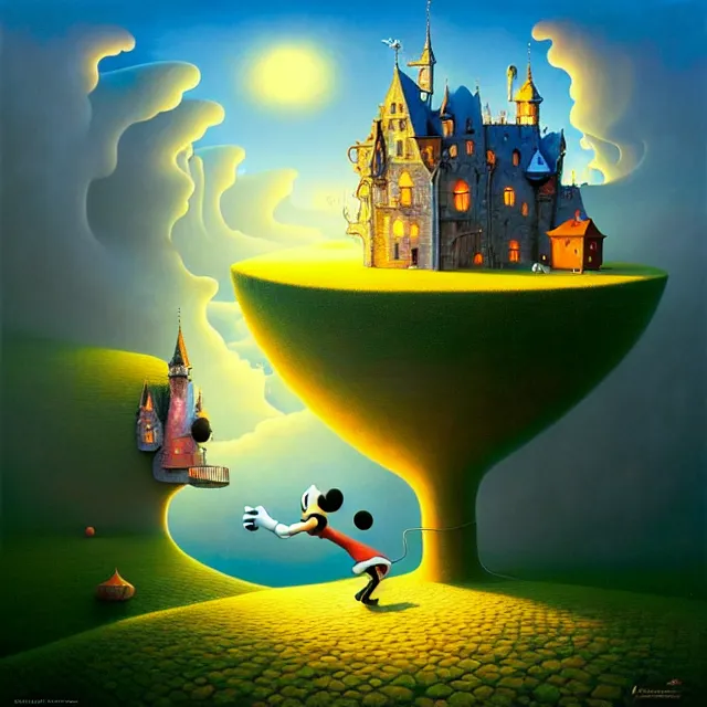 Prompt: gediminas pranckevicius an oil on canvas portrait painting of mickey mouse, surrealism, surrealist, cosmic horror, rob gonsalves, high detail fantastic world castle happy place, volumetric light godray