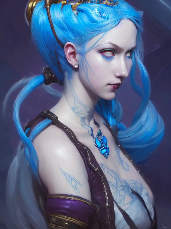 Image similar to a League of Legends FAN ART Portrait of JINX, blue hair, long pigtail, intricate, elegant, highly detailed, digital painting, concept art, smooth, sharp focus, illustration, by Laurie Greasley,Lawrence Alma-Tadema,Dan Mumford,artstation,deviantart,Unreal Engine,face enhance,8K,golden ratio,cinematic lighting