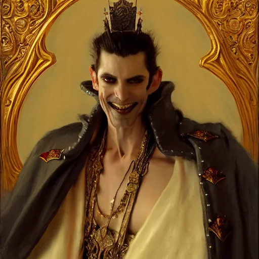 Image similar to perfectly centered portrait of attractive vampire king in a robe sitting on a throne of bones, highly detailed painting by gaston bussiere, craig mullins, j. c. leyendecker, 8 k