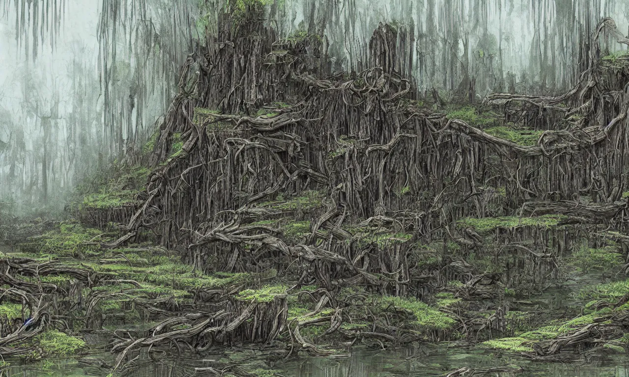 Image similar to rotten palisade, swamp, digital art, illustration, fantasy