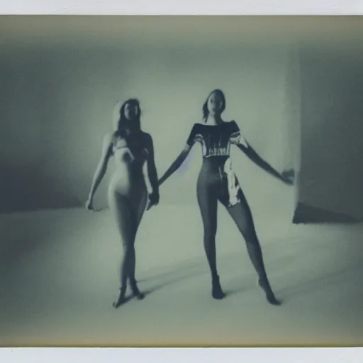 Prompt: expired polaroid of a surreal artsy dream scene, weird costumes