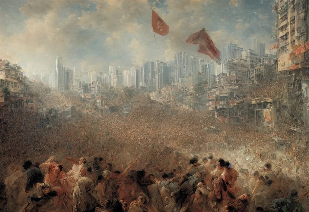Prompt: 2 0 2 1 hong kong riot by jean honore fragonard. city buildings in the background.