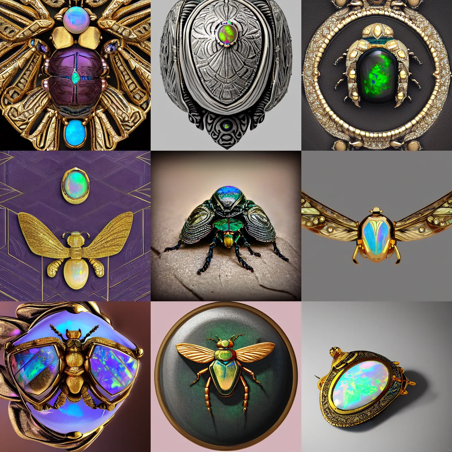 Prompt: jewelry engraved in scarab, beetle, opal diamond, art noveau, art deco, 8k , artstation, render, elegant, album art, artistic, in style of billelis, decorative art, insanely detail, gold, artwork, closeup, award winning, octane render, moody, iridescent, pearlescent