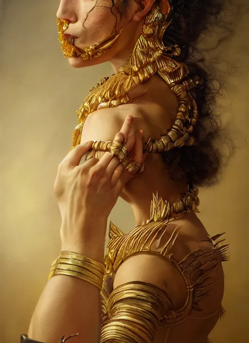 Image similar to highly detailed oil painting | very intricate | cinematic lighting | award - winning | mayan fashion by alexander mcqueen | by roberto ferri, by tom bagshaw, by j. c. leyendecker and klimt, american romanticism, by austin osman spare, artstation, cgsociety, official art, octane