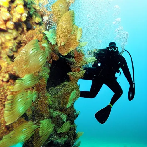 Prompt: golden retreiver scuba wreck diving underwater