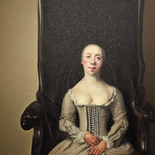 Prompt: a woman sitting on a chair inside of a dark, foreboding room, a dark figure ’ s face is depicted behind, 1 7 0 0 s oil painting in a trypophobia style, dark art, vignette, bloom effect, cgsociety, artstation, 4 k, 8 k