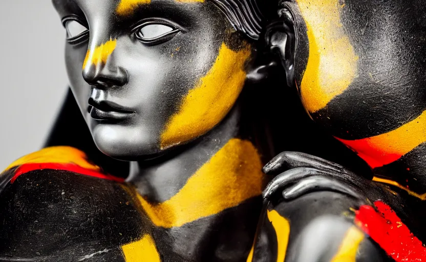 Image similar to close up portrait of extremely beautiful female black marble statue in the style of virgil abloh, colorful motocross logos behind her, sharp focus, clear, detailed,, cinematic, detailed, off white, glamourous, symmetrical, vogue, editorial, fashion, magazine shoot, glossy