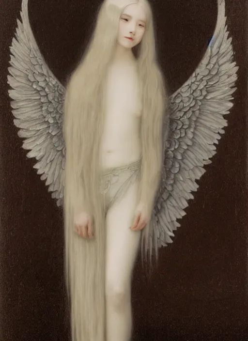 Prompt: thin young wan beautiful angel, silver hair so long, pale!, long silver hair, silver angel wings, smooth skin, wan adorable korean face, silver hair!!, style of fernand khnopff and lucien levy - dhurmer, oil on canvas, 1 8 6 2, 4 k resolution, aesthetic!,