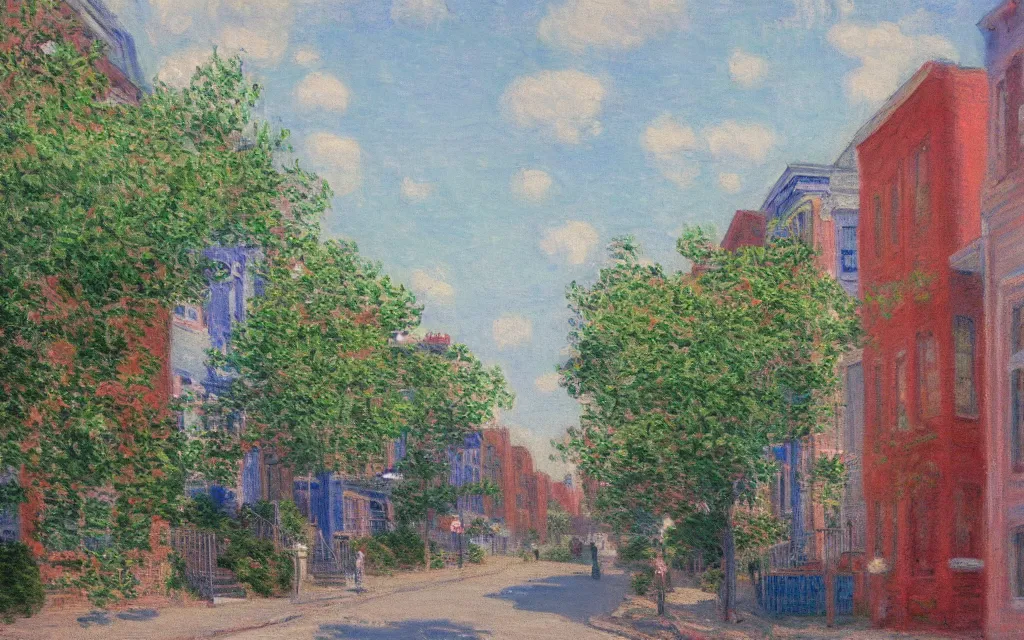 Image similar to photograph of guernsey street in greenpoint brooklyn, oil painting by monet, pastel color palette