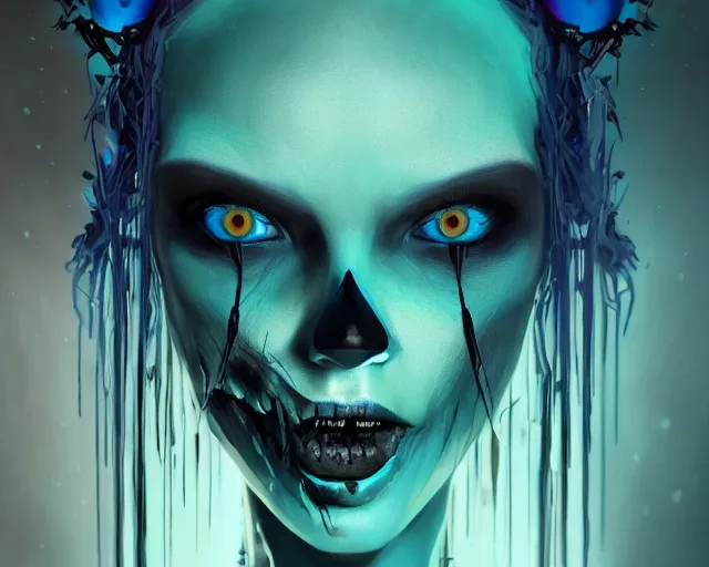 Prompt: funny blue and green eyes goth dark queen of the vampire council, intricate abstract. intricate artwork, by tooth wu, wlop, beeple, dan mumford. concept art, octane render, trending on artstation, greg rutkowski very coherent symmetrical artwork. cinematic, key art, hyper realism, high detail, octane render, 8 k, iridescent accents