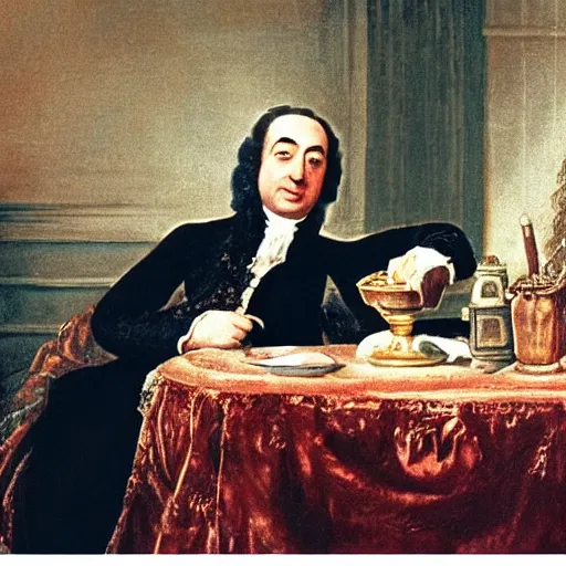 Image similar to colorized photo of G.F. Handel in powdered wig eating cake