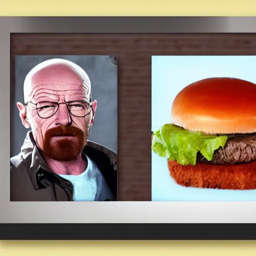 Image similar to Walter White, Heisenberg, Depicted as a large angus steakburger, food photography, body horror