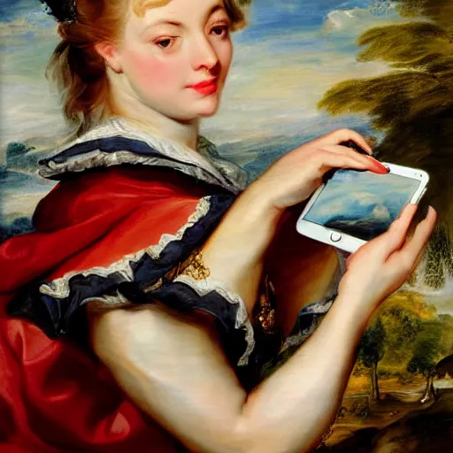 Image similar to heavenly summer sharp land sphere scallop well dressed lady taking a selfie with her iphone auslese, by peter paul rubens and eugene delacroix and karol bak, hyperrealism, digital illustration, fauvist, iphone