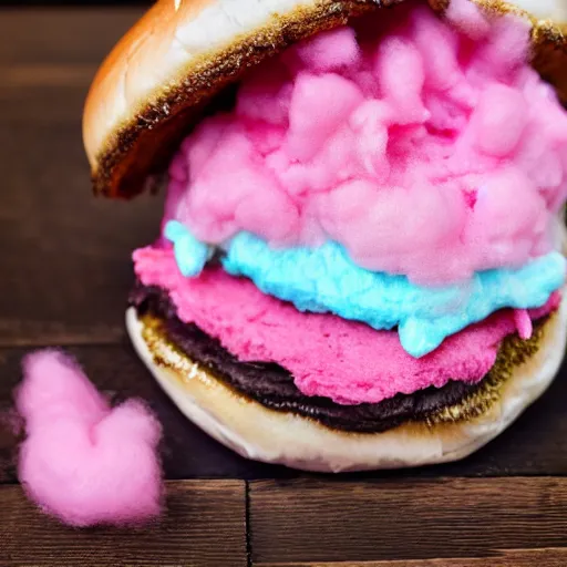 Image similar to a cotton candy burger. cyan and pink.