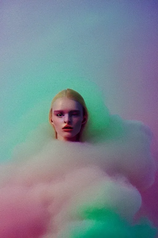 Image similar to high quality pastel coloured film close up wide angle photograph of a model wearing clothing swimming on cloud furniture in a icelandic black rock!! environment in a partially haze filled dreamstate world. three point light, rainbow. photographic production. art directed. pastel colours. volumetric clouds. pastel gradient overlay. waves glitch artefacts. extreme facial clarity. 8 k. filmic.