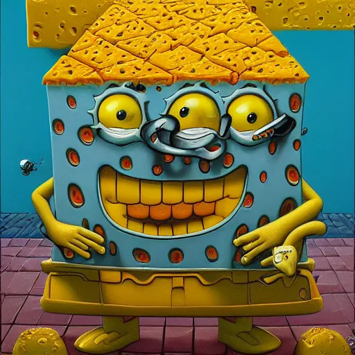 Image similar to SpongeBob SquarePants made of cheese by jacek yerka, alex gray, zdzisław beksiński, dariusz zawadzki, jeffrey smith and h.r. giger, oil on canvas, 8k highly professionally detailed, trending on artstation