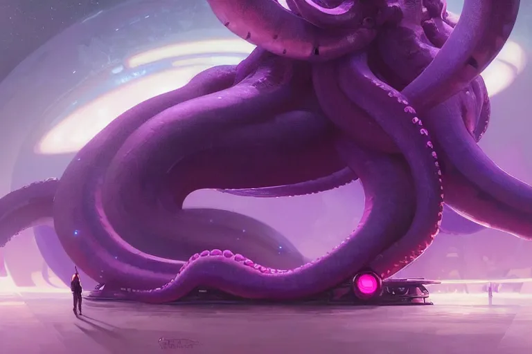 Image similar to Giant purple octopus in a space station, elegant, intricate, retrofuturistic digital painting, artstation, concept art, smooth, sharp focus, illustration, art by artgerm and greg rutkowski and alphonse mucha