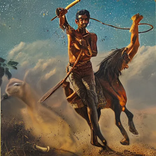 Image similar to portrait of head and body, single bangla farmer fighting on hoseback, hand to hand combat with machete, full body view, long flowing hair, fighting for his life, nebula aura surrounding subject, horseback combat attacker foreground, background of invading army, nestor canavarro hyperrealist art style, sharp outlines