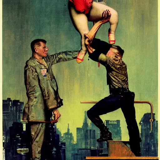 Prompt: the replicant sapper morton from blade runner lifts someonegrandmother above his head just to show how strong he is, painted by norman rockwell and tom lovell and frank schoonover