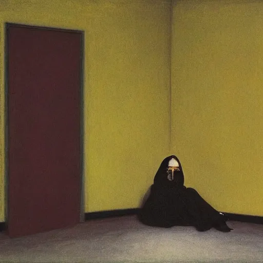 Prompt: a lonely figure in an haunted hotel abandoned room, hyperrealistic film still by edward hopper, by gottfried helnwein, by klimt, by paolo uccello, art noveau, highly detailed, strong lights, liminal, eerie, metaphysical, bright pastel colors,
