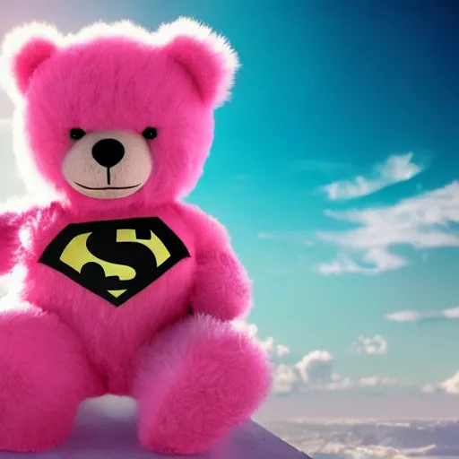 Prompt: fluffy pink teddybear wearing superhero costume, cinematic explosions, dramatic pose