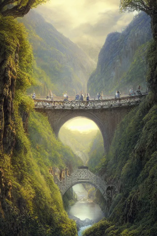 Image similar to beautiful detailed matte painting of Rivendell at the gorge, evening, Alan Lee, Artstation