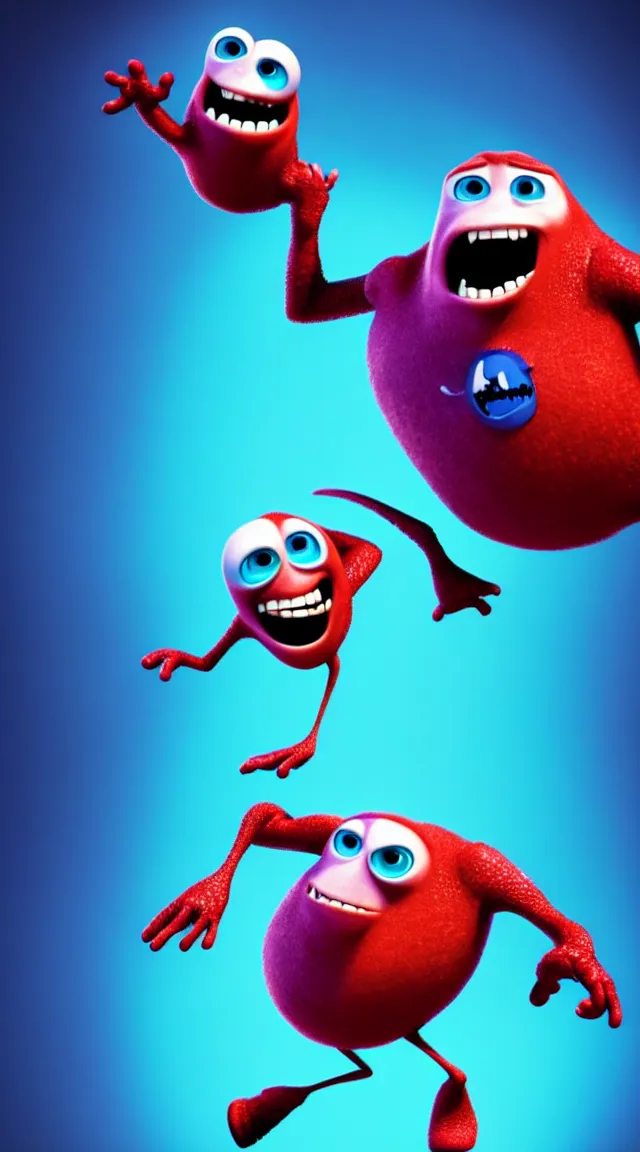 Image similar to a full studio shot of an airborne virus as a pixar character against a dark cyan backdrop. its cute, evil and adorable. hyper realistic photo, full color, upscale, 8 k.