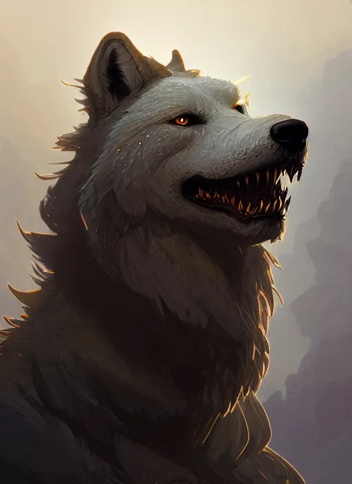 Image similar to anthropomorphic dire wolf bringer, intricate, elegant, highly detailed animal monster, digital painting, artstation, concept art, smooth, sharp focus, illustration, art by artgerm and greg rutkowski and alphonse mucha, 8 k