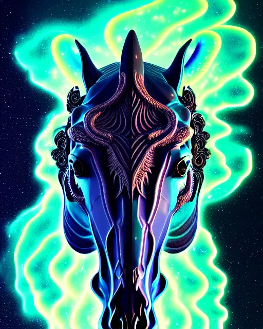 Image similar to 3 d ornate carved dark cosmic horse with profile portrait, sigma 5 0 0 mm f / 5. beautiful intricate highly detailed horse skull. bioluminescent, plasma, lava, ice, water, wind, creature, thunderstorm! artwork by tooth wu and wlop and beeple and greg rutkowski, 8 k trending on artstation