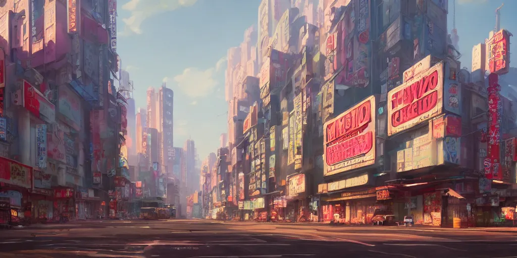 Image similar to A highly fantasy detailed matte painting of Buildings with Japanese Billboards and neonsigns by Studio Ghibli, Makoto Shinkai, by Artgerm, by WLOP, by Greg Rutkowski, volumetric lighting, octane render, 4K resolution, trending on artstation, masterpiece