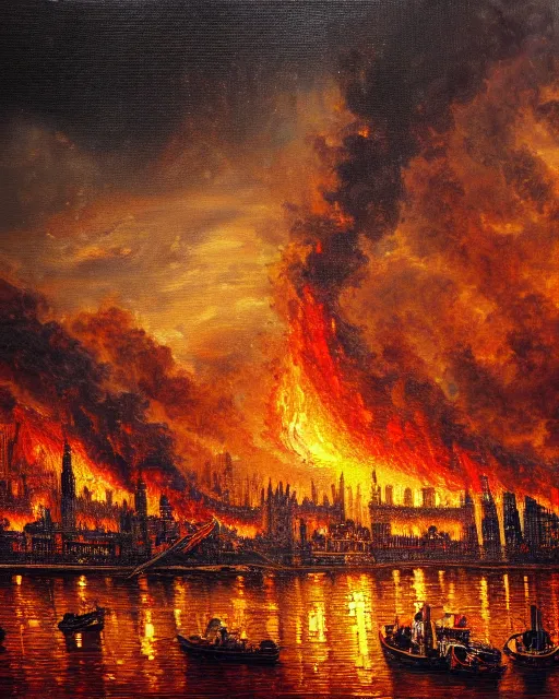 Prompt: oil painting landscape great fire of london, high production value, intricate details, high resolution, hdr, high definition, masterpiece, realistic, ultrarealistic, highly detailed, hd, sharp focus, non blurry, sharp, smooth