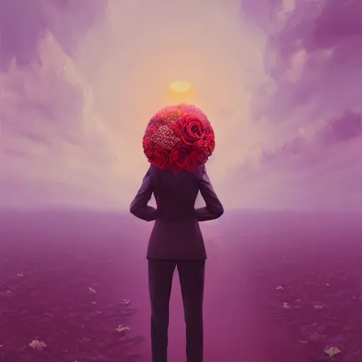 Image similar to giant rose flower head, frontal, girl in a suit, surreal photography, sunrise, dramatic light, impressionist painting, digital painting, artstation, simon stalenhag