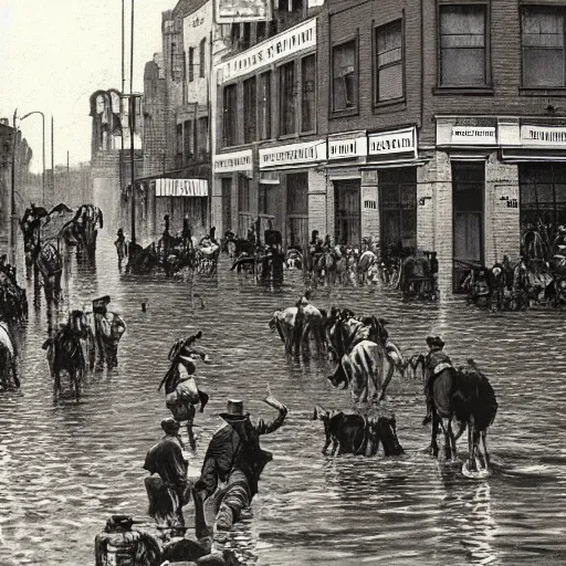 Image similar to flood on Wild West town, crowd cowboy at high noon, 1890 hyperrealistic