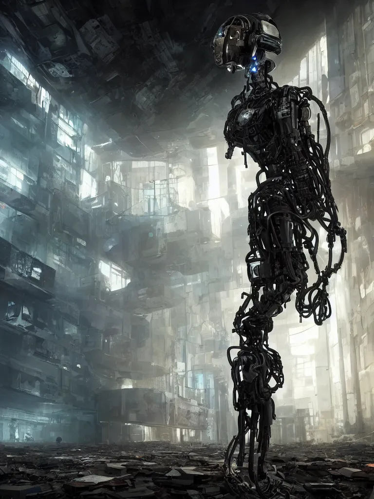 Prompt: portrait of a cyborg, standing in a hall of abandoned cyberpunk megacomplex; hyperrealistic, 4K wallpaper, cinematic lighting, highly detailed and beautiful
