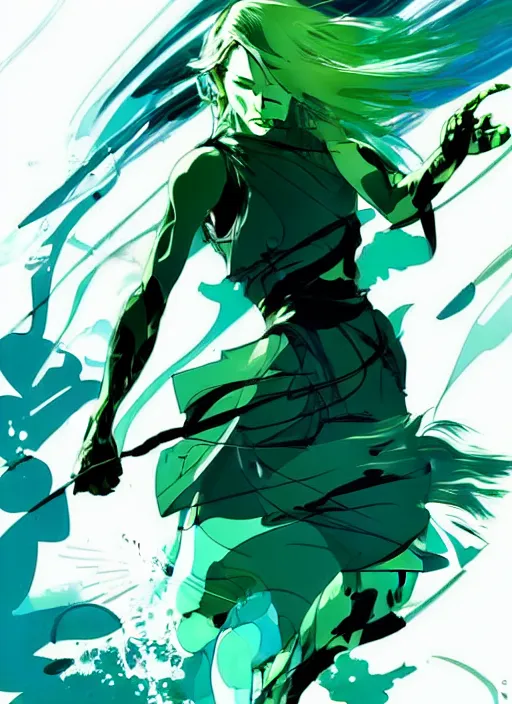 Prompt: style of yoji shinkawa, joshua middleton, beautiful kristen bell with green dress, very long blue hair, water powers water swirling, symmetrical face, symmetrical eyes, detailed, beach setting, cinematic lighting