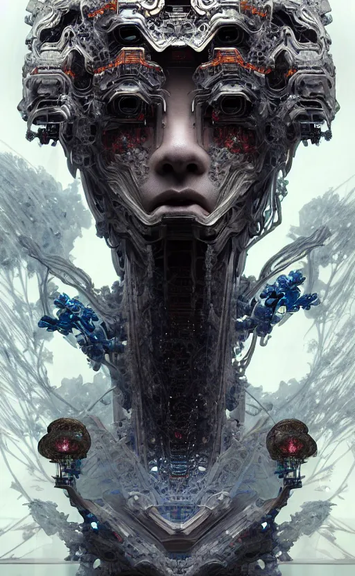 Image similar to oimmortal beast from chinese mythology, ghost, gorgeous and huge head ornaments, dystopian, cyberpunk, organic fractal mycelum and fungi, mecha, halfturn portrait of a big crystal face made of crystals half - turn, ominous, intricate, studio, art by anthony macbain + greg rutkowski + alphonse mucha, concept art, 4 k, sharp focus