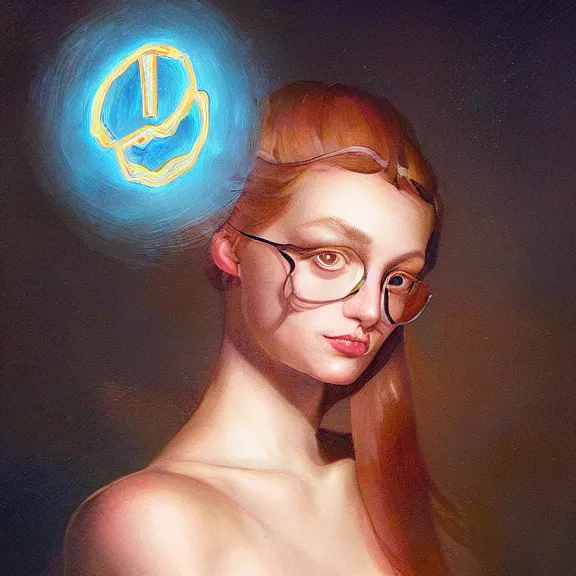 Prompt: a highly detailed portrait in the style of john currin and in the style of peter mohrbacher. glowing rune of magical power.