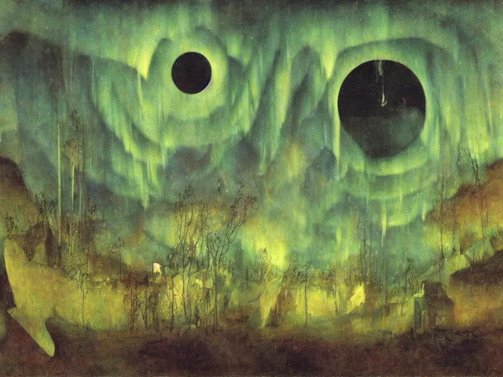 Image similar to painting by mikalojus konstantinas ciurlionis, bosch, arnold bocklin. island of the dead, aurora borealis