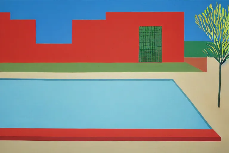 Image similar to david hockney A Bigger Splash (1967) painting of a brutalist military compound