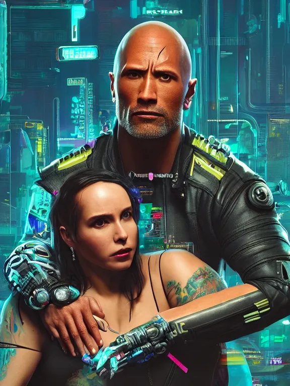 Image similar to a cyberpunk 2077 portrait of Dwayne Johnson holding a female android with couple pose,complex mess of cables and wires behind them connected to giant computer, love moive,film lighting, by laurie greasley,Lawrence Alma-Tadema,William Morris,Dan Mumford, trending on atrstation, full of color,face enhance,sharp focus, highly detailed,8K, octane,golden ratio,cinematic lighting