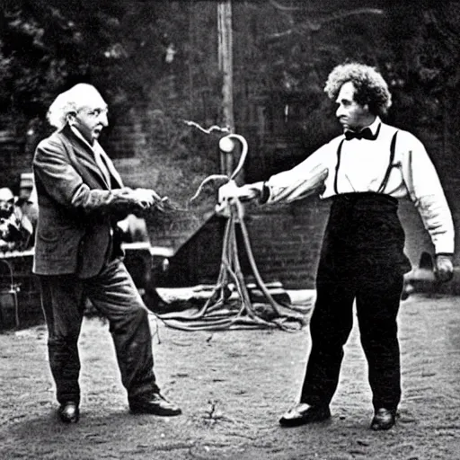 Prompt: vintage photo of Einstein and Thomas Alva Edison fighting