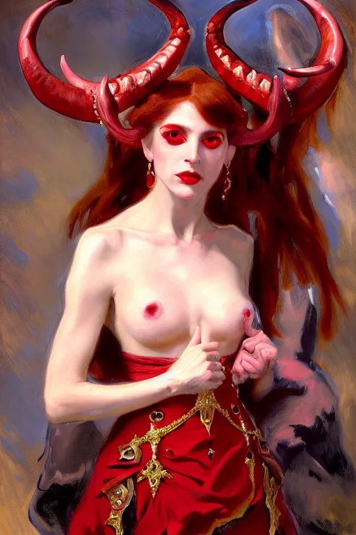 Image similar to painted close - up portrait of a attractive red - skinned intimidating demon girl with ram horns! oil painting, wearing a noblewoman's outfit, fantasy art by john singer sargent and gaston bussiere, and guillermo del toro, demon noble character design, hd