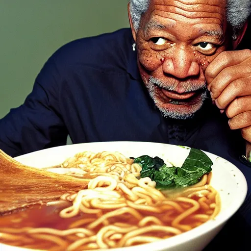 Prompt: Morgan Freeman eating a bowl of ramen