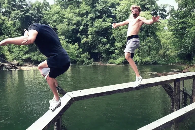 Prompt: pewdiepie jumping off a bridge