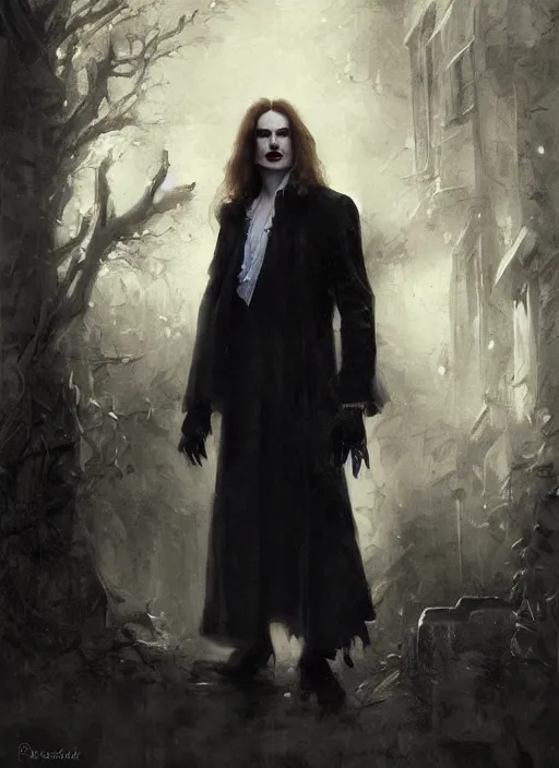 Image similar to portrait painting of the vampire lestat, paris! floating, muscular male, long hair! long coat, elegant rugged handsome unreal render cinematic lighting art 1 8 9 0 period drama by bussiere rutkowski andreas rocha